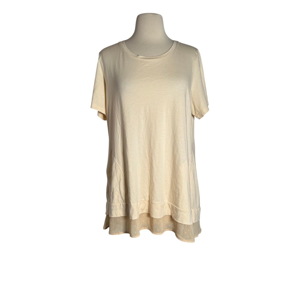 Logo by Lori Goldstein Cream Short Sleeve Layered Swiss Dot Tunic Top Pockets L